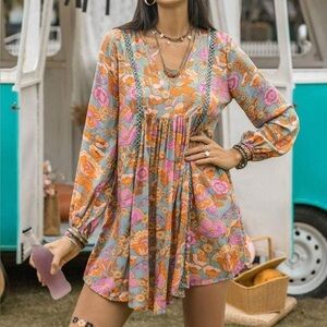 Rusttydustty Women M Floral Bohemian Long Sleeve V-Neck Mini Tunic Dress NWT